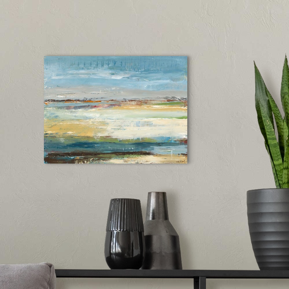 A modern room featuring Abstract painting representing a beach landscape with blue, green, orange, brown, yellow, gray, a...