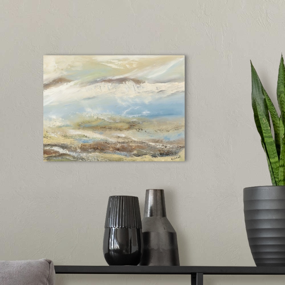 A modern room featuring Abstract painting representing a beach landscape with earth tones and texture.