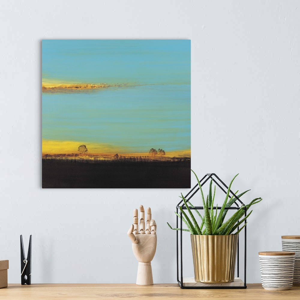 A bohemian room featuring Contemporary abstract painting almost resembling an idyllic landscape at sunset.