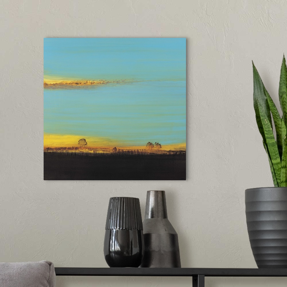 A modern room featuring Contemporary abstract painting almost resembling an idyllic landscape at sunset.