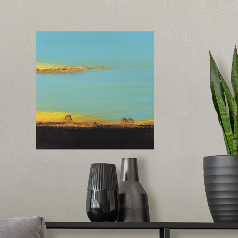 A modern room featuring Contemporary abstract painting almost resembling an idyllic landscape at sunset.