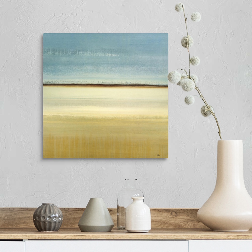 A farmhouse room featuring A simple contemporary piece featuring a tranquil abstract landscape with subtle cool tones and a ...