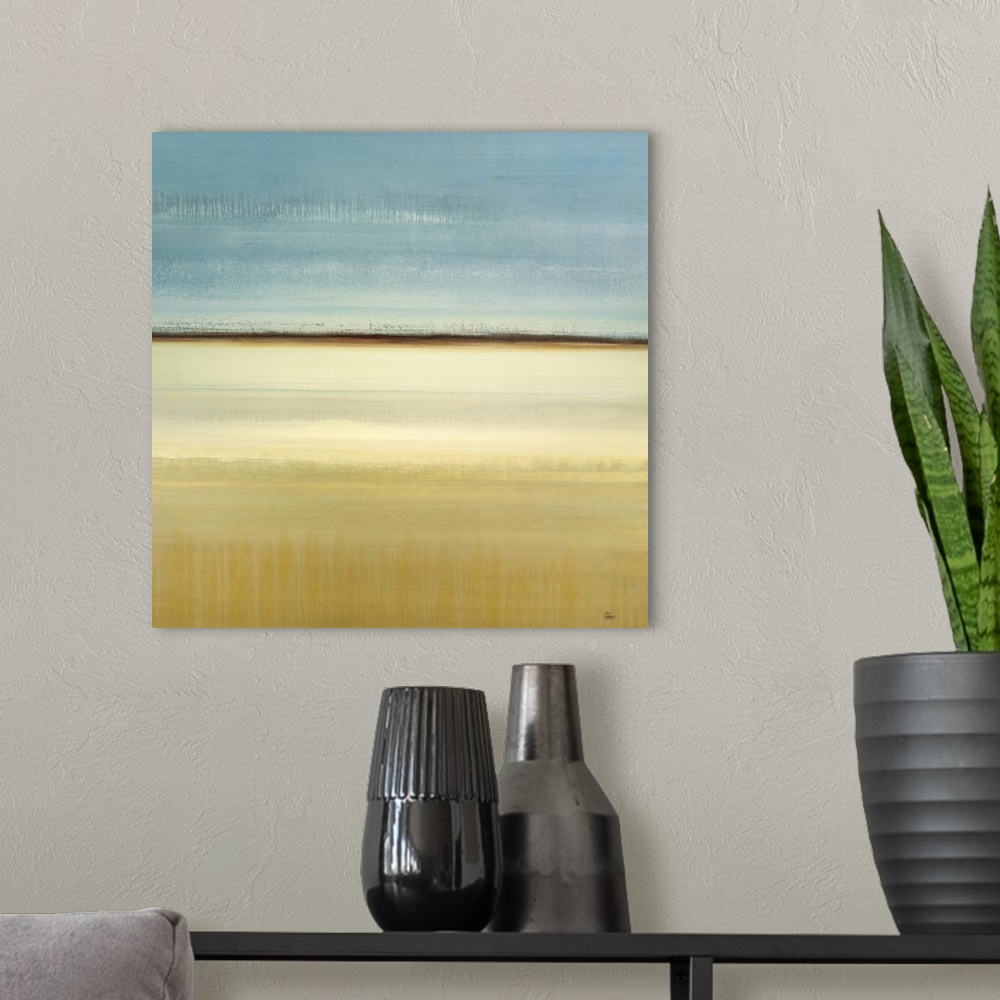 A modern room featuring A simple contemporary piece featuring a tranquil abstract landscape with subtle cool tones and a ...