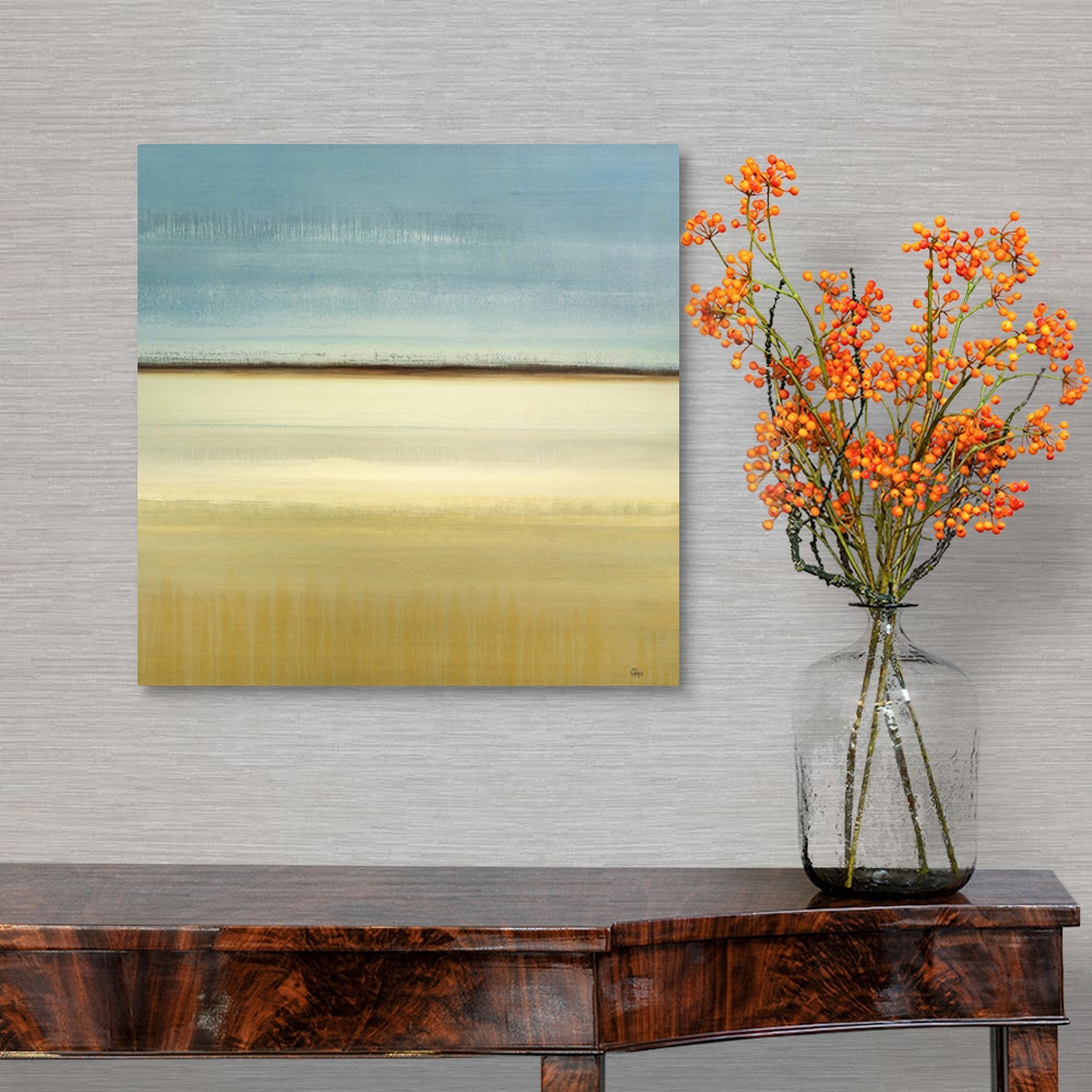 A traditional room featuring A simple contemporary piece featuring a tranquil abstract landscape with subtle cool tones and a ...