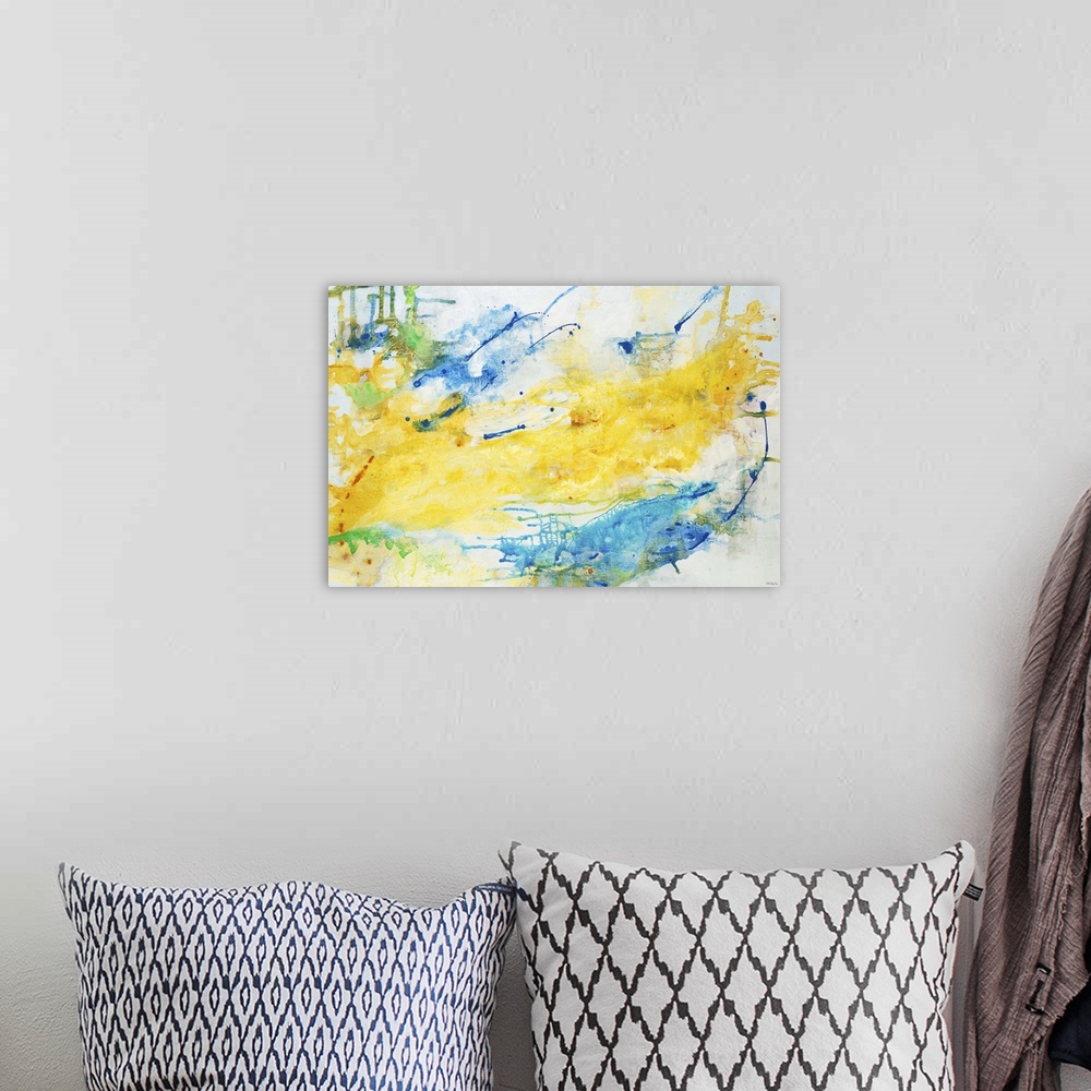 A bohemian room featuring A contemporary abstract painting using predominantly yellow with splashes of blue.