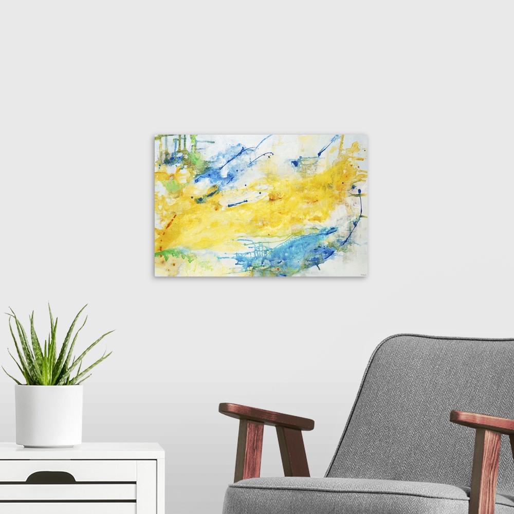 A modern room featuring A contemporary abstract painting using predominantly yellow with splashes of blue.