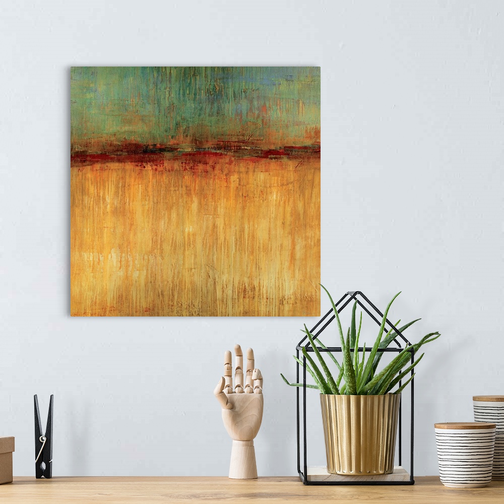 A bohemian room featuring Big, square abstract artwork for a living room or office.  Smaller section of cooler colors at th...