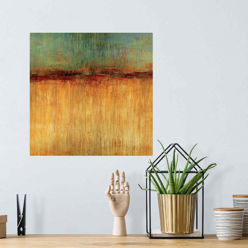 A bohemian room featuring Big, square abstract artwork for a living room or office.  Smaller section of cooler colors at th...