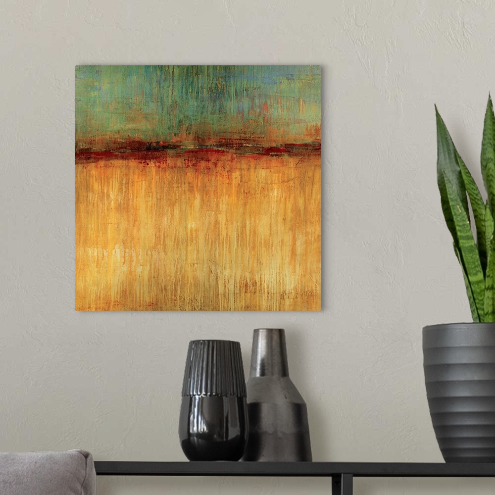 A modern room featuring Big, square abstract artwork for a living room or office.  Smaller section of cooler colors at th...