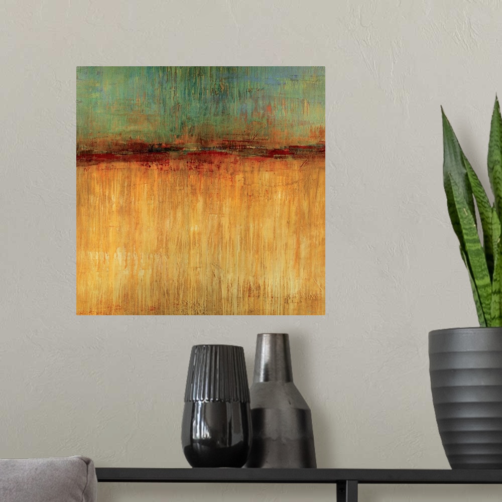 A modern room featuring Big, square abstract artwork for a living room or office.  Smaller section of cooler colors at th...