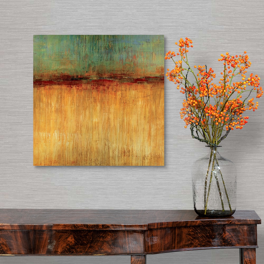 A traditional room featuring Big, square abstract artwork for a living room or office.  Smaller section of cooler colors at th...