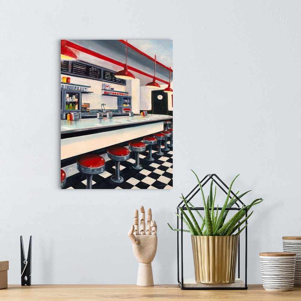A bohemian room featuring Contemporary realistic painting of a red, white, and red old school diner.