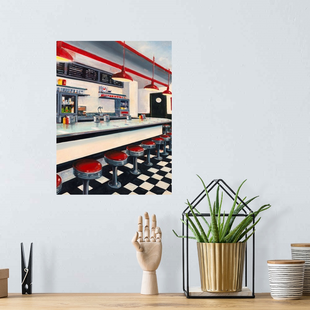 A bohemian room featuring Contemporary realistic painting of a red, white, and red old school diner.