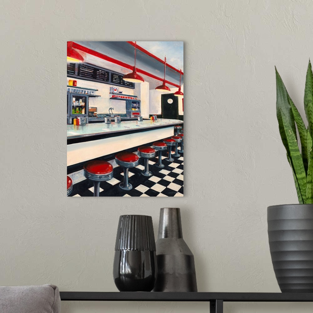 A modern room featuring Contemporary realistic painting of a red, white, and red old school diner.