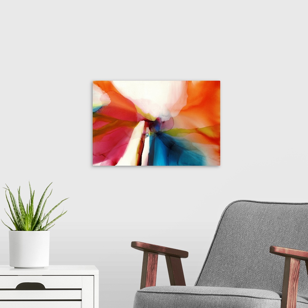 A modern room featuring A high impact contemporary painting featuring bold swaths of alcohol inks in bright jewel tones