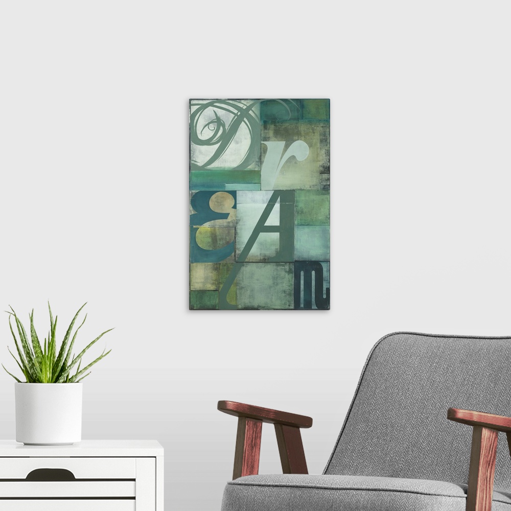 A modern room featuring Decorative artwork perfect for the home with the word "Dream" cascading vertically down the print...