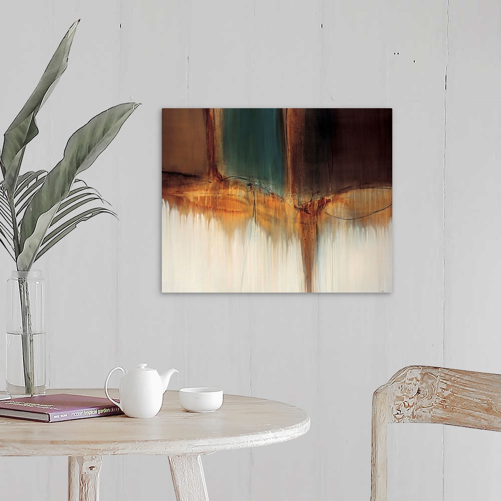 A farmhouse room featuring Contemporary abstract painting using earthy tones.