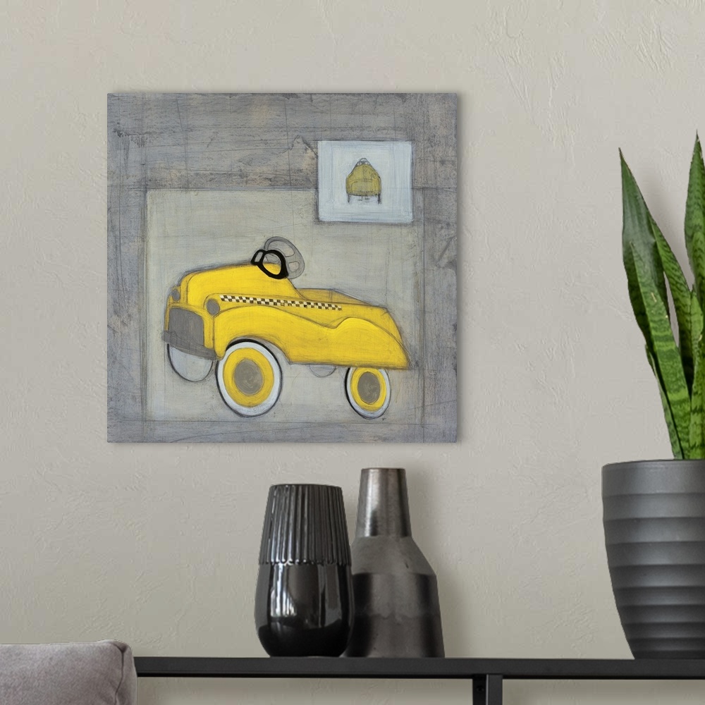 A modern room featuring Contemporary painting of bright yellow taxi cab against a gray background.