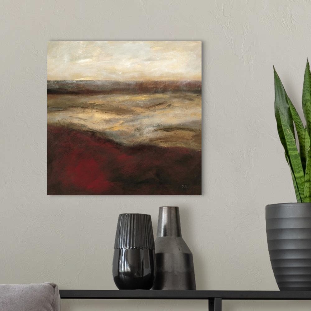 A modern room featuring A contemporary painting using neutral and earth tones to convey an abstract landscape.