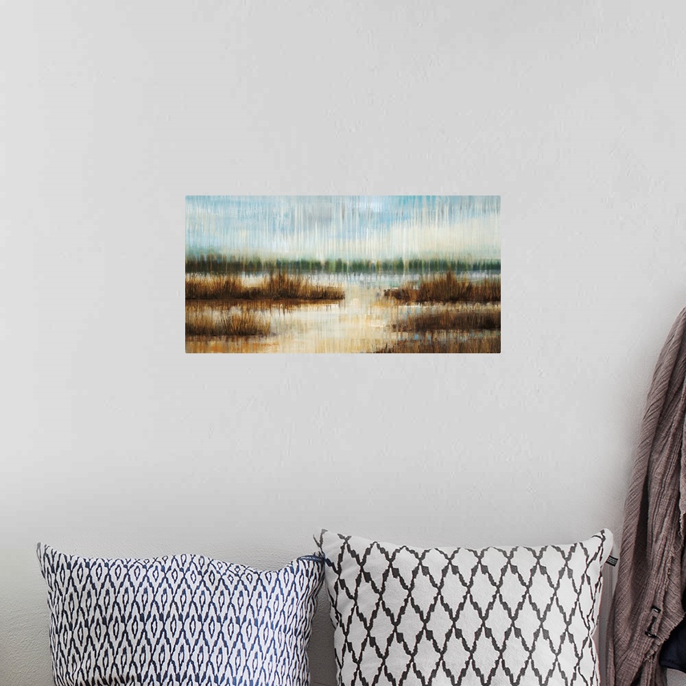 A bohemian room featuring Large panoramic artwork of a lake with small islands and a treeline in the distance. Rough textur...