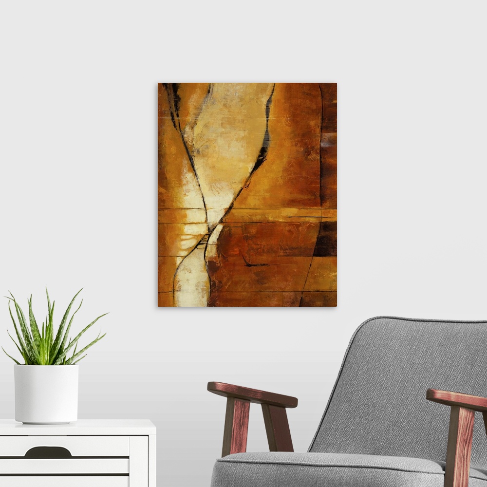 A modern room featuring Contemporary abstract painting using rich earth tons.