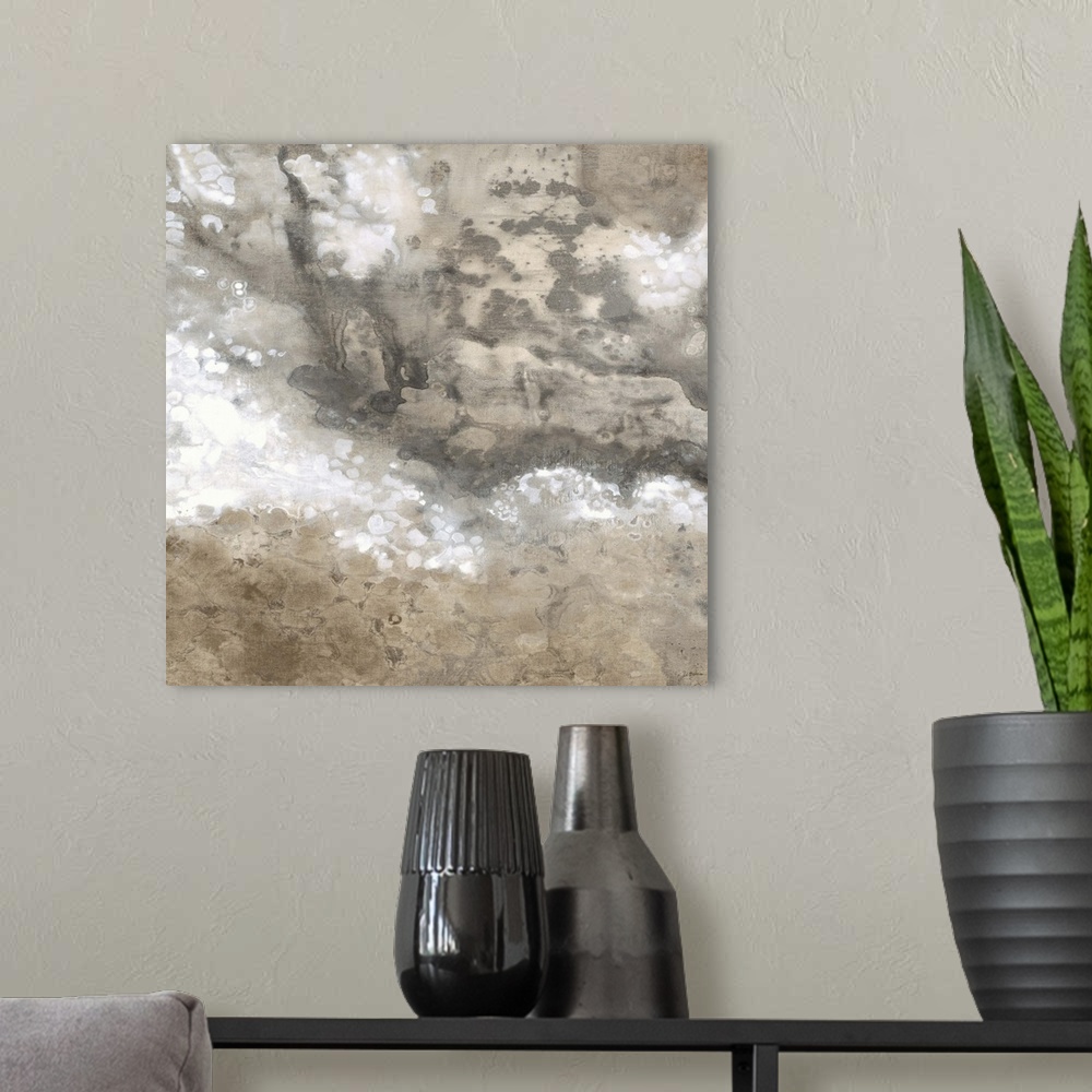 A modern room featuring Contemporary abstract painting using earthy and neutral tones.