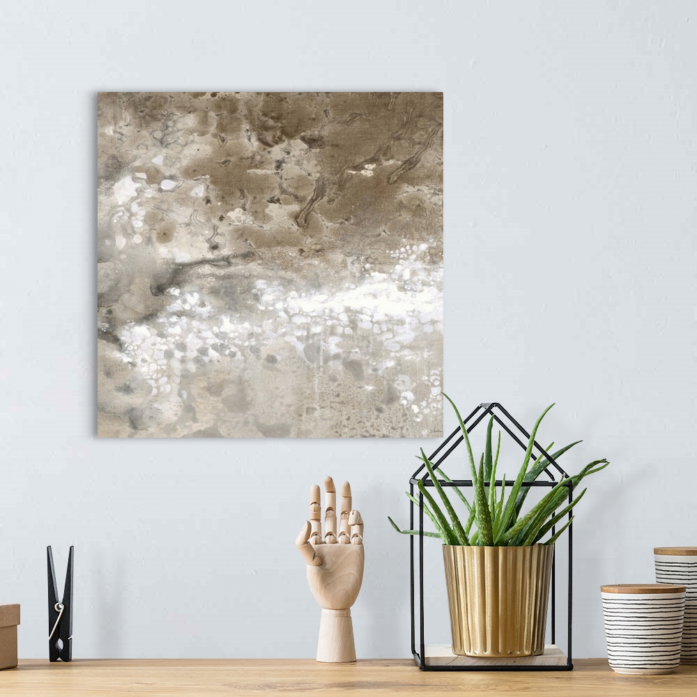 A bohemian room featuring Contemporary abstract painting using earthy and neutral tones.