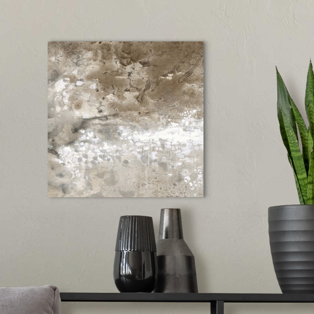 A modern room featuring Contemporary abstract painting using earthy and neutral tones.