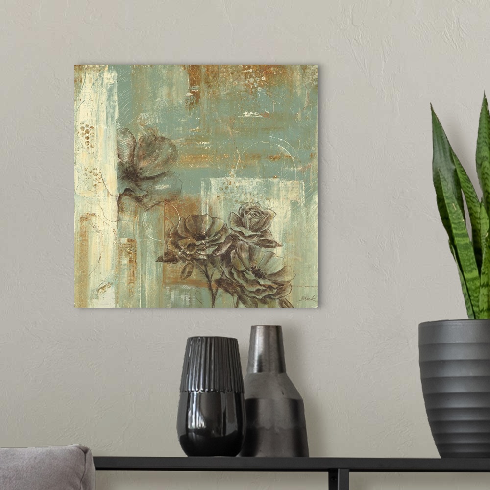 A modern room featuring Contemporary floral painting using geometric shapes and muted colors.
