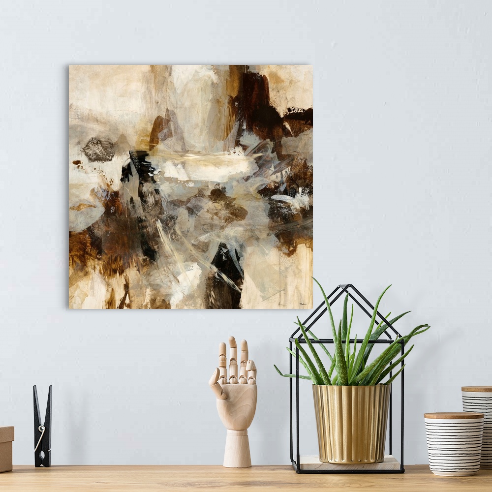 A bohemian room featuring Contemporary tonal abstract painting of overlapping brush strokes varying in length and thickness...