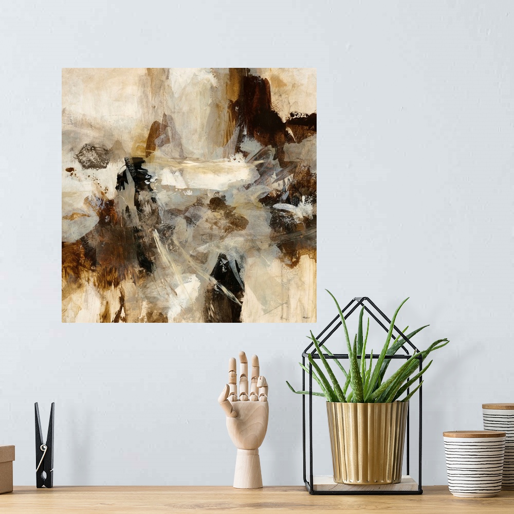 A bohemian room featuring Contemporary tonal abstract painting of overlapping brush strokes varying in length and thickness...
