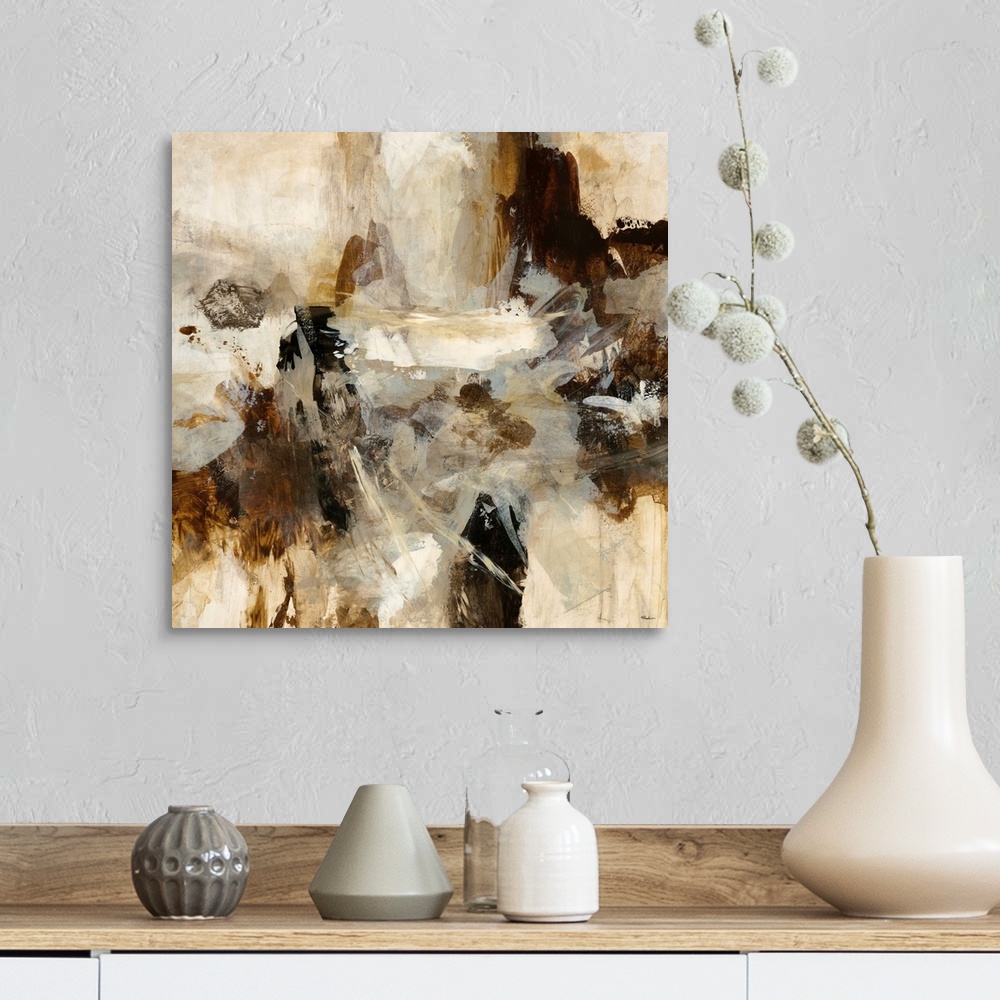 A farmhouse room featuring Contemporary tonal abstract painting of overlapping brush strokes varying in length and thickness...