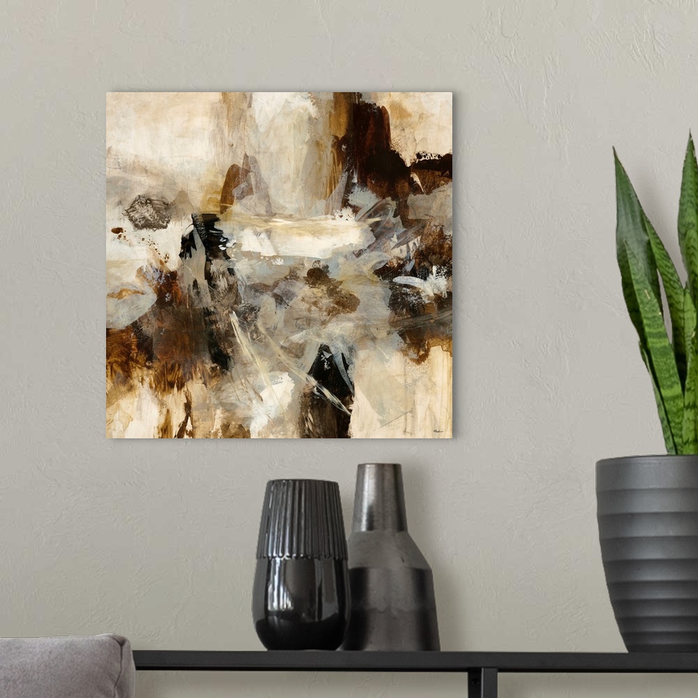 A modern room featuring Contemporary tonal abstract painting of overlapping brush strokes varying in length and thickness...