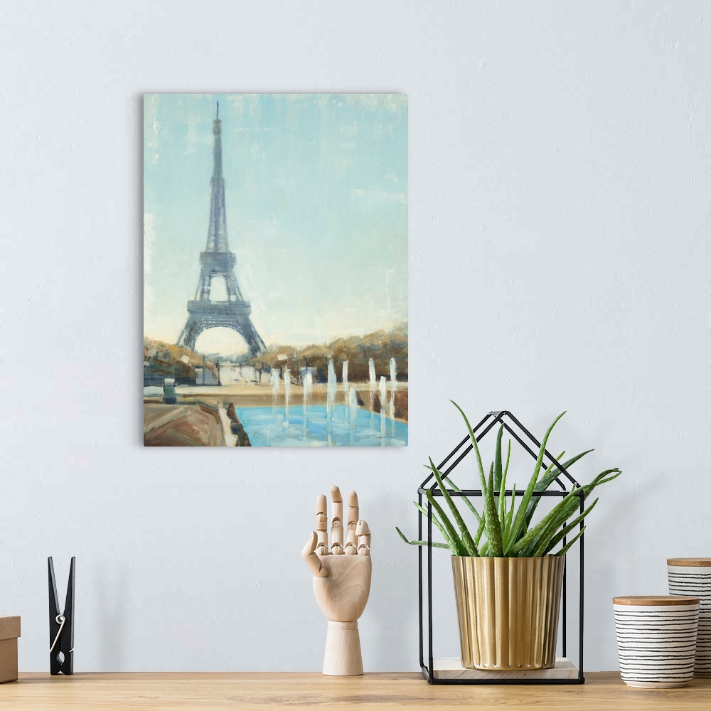 A bohemian room featuring Contemporary painting of the Eiffel tower viewed from the ground level.