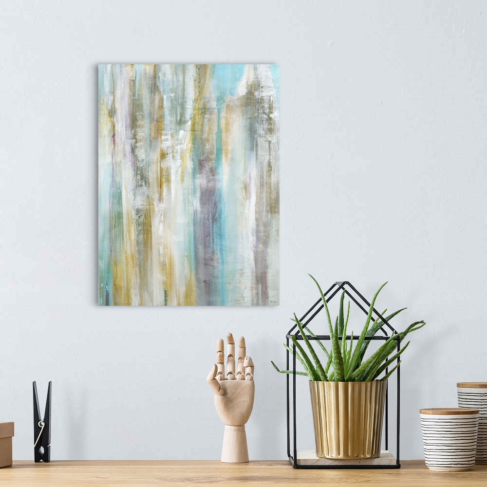 A bohemian room featuring Contemporary abstract painting using pale colors in vertical lines.