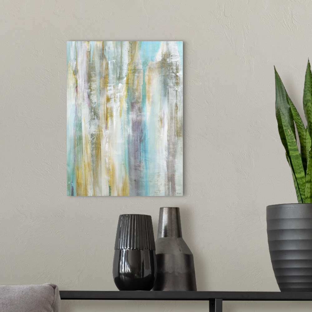 A modern room featuring Contemporary abstract painting using pale colors in vertical lines.