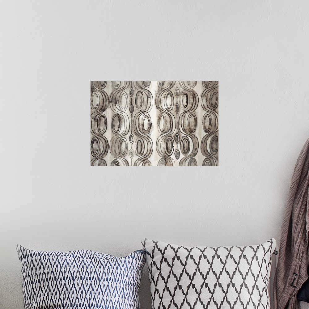 A bohemian room featuring Abstract painting of organic shapes in neutral colors creating an intricate pattern.