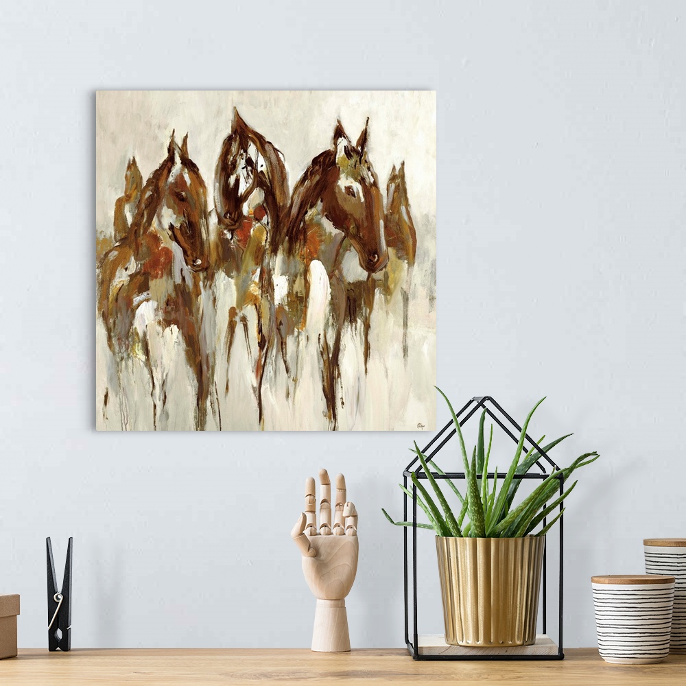 A bohemian room featuring Contemporary abstract painting of a horse figures.