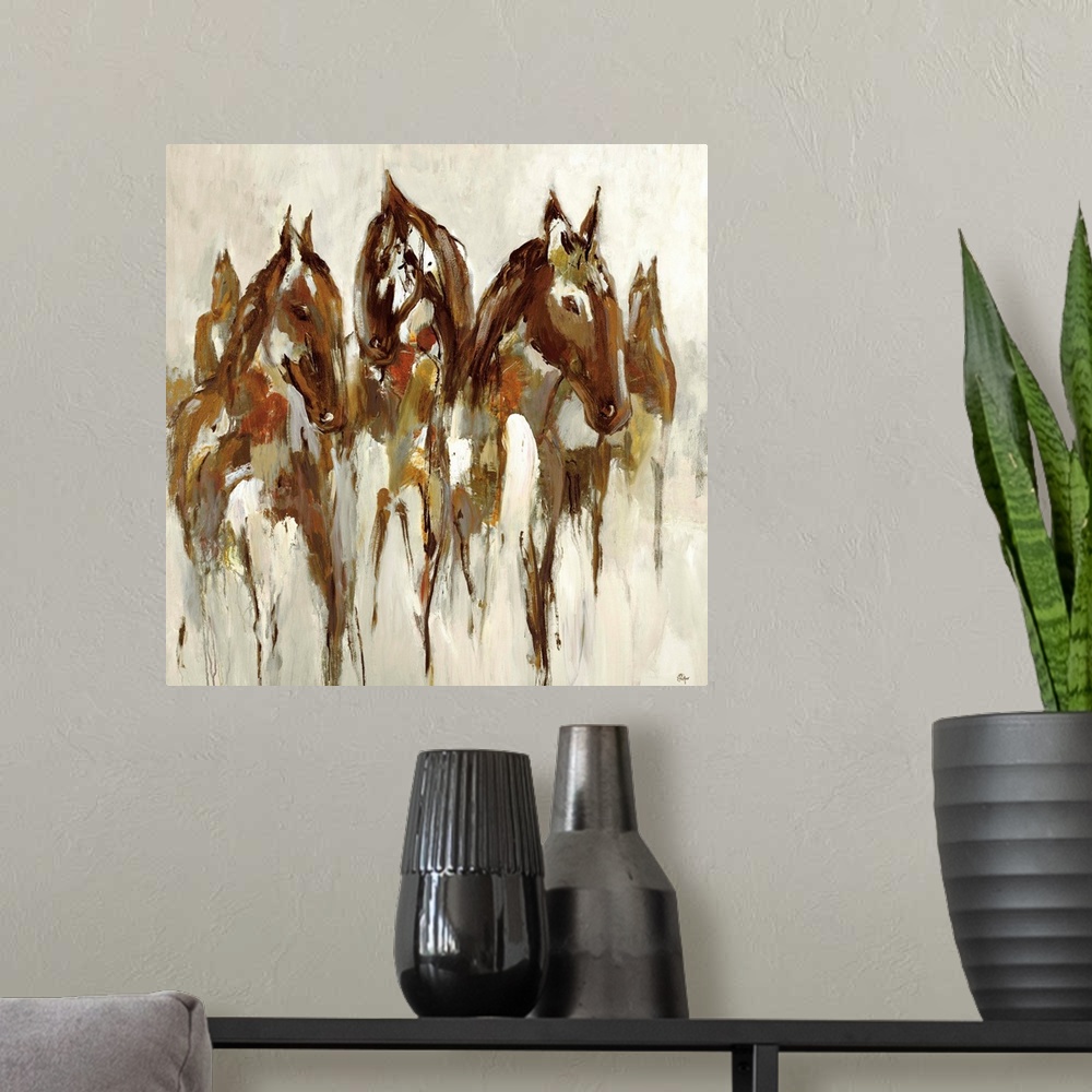 A modern room featuring Contemporary abstract painting of a horse figures.