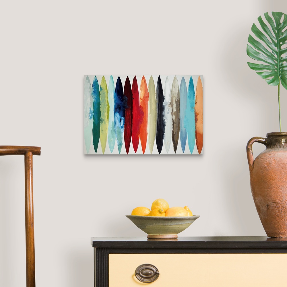 A traditional room featuring Contemporary abstract painting using oblong shapes in various colors.
