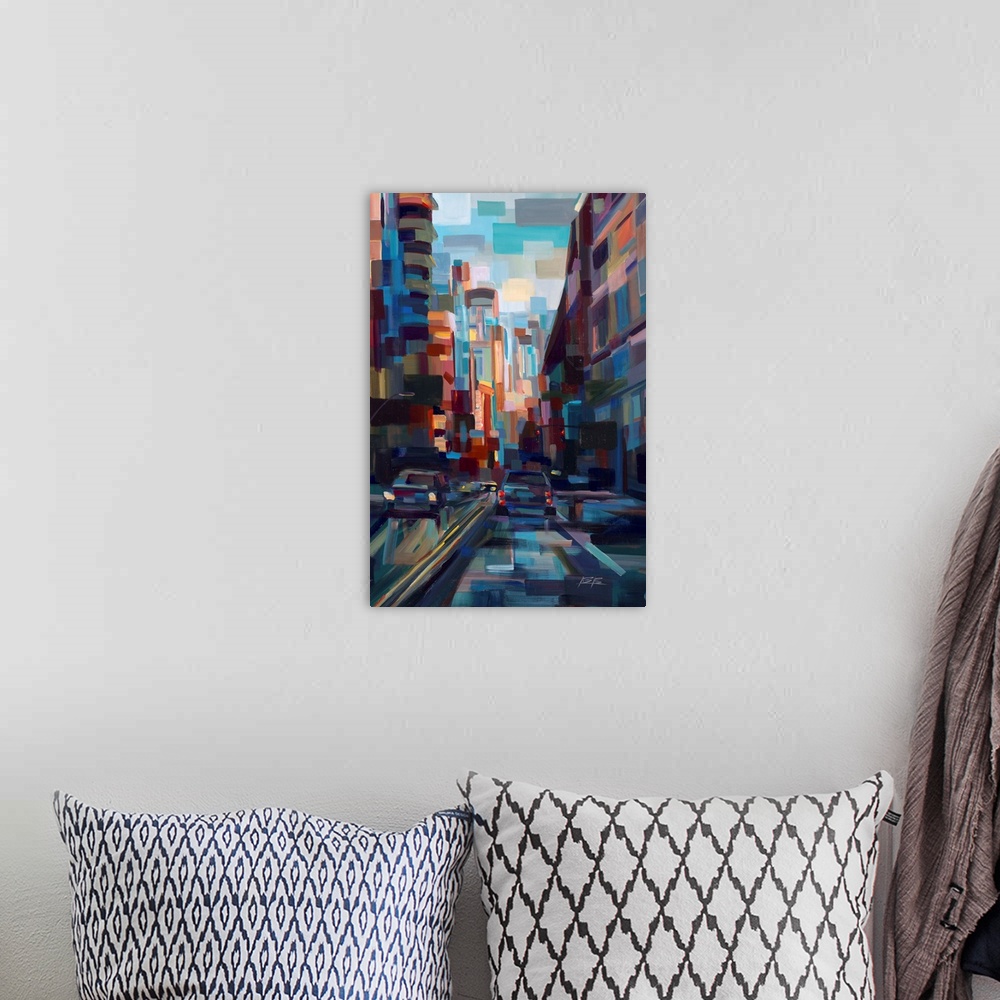 A bohemian room featuring Contemporary abstract painting of an urban environment deconstructed into geometric shapes.
