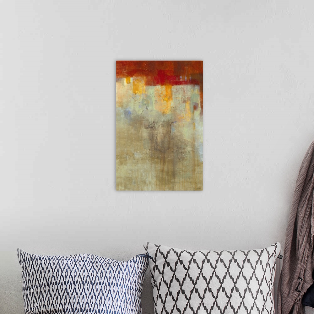 A bohemian room featuring A contemporary distressed abstract painting using earthy tones.
