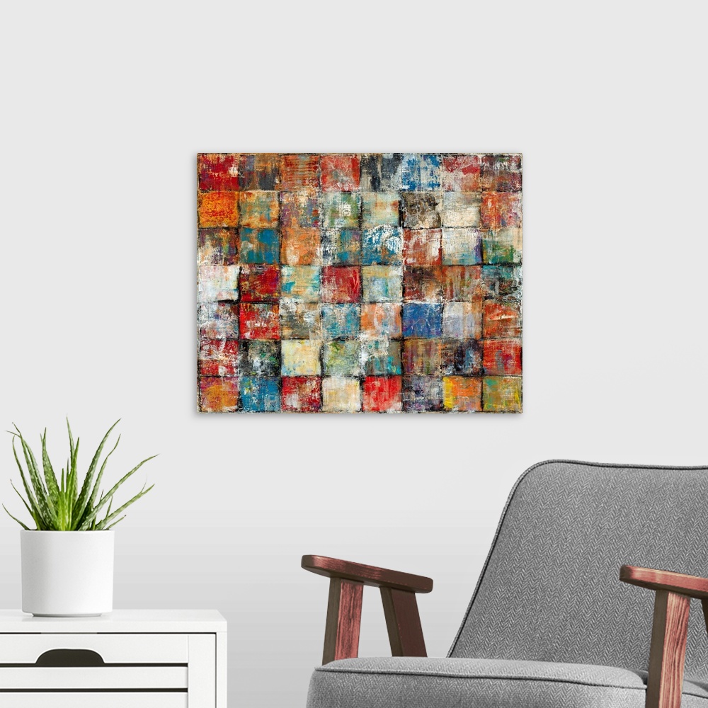 A modern room featuring Contemporary abstract painting of distressed multicolored squares lined up in a grid pattern.