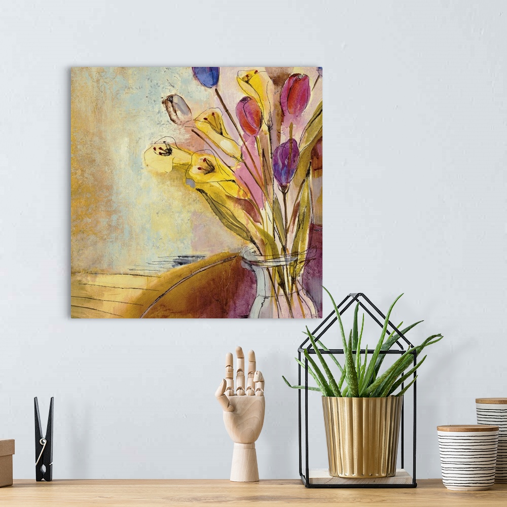 A bohemian room featuring Square painting on canvas of a vase filled with flowers.