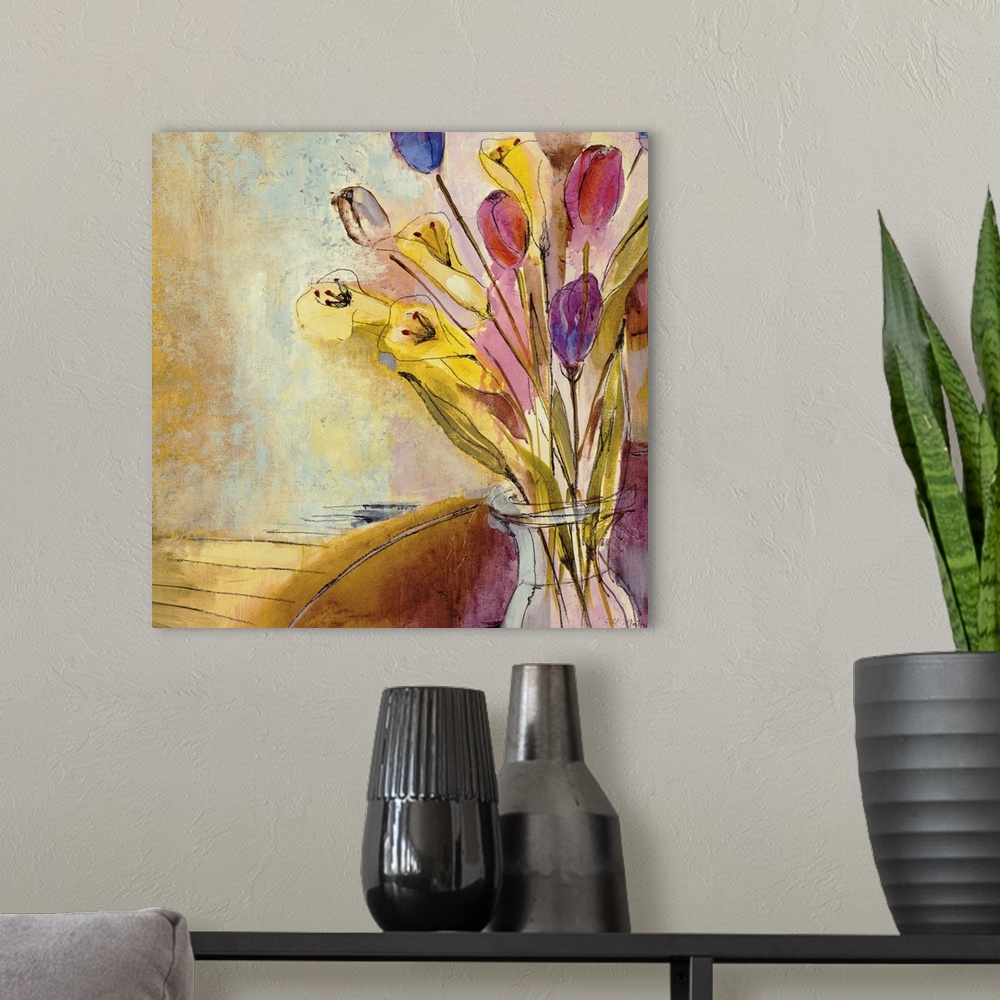A modern room featuring Square painting on canvas of a vase filled with flowers.