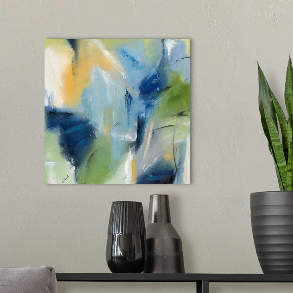 A modern room featuring Square blue, green, and yellow abstract painting with black and white brushstrokes on top creatin...