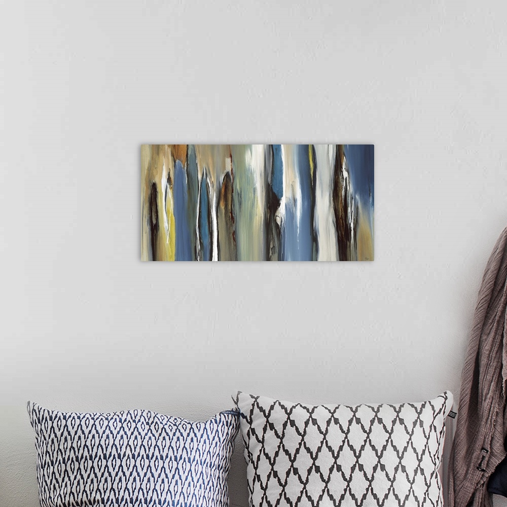 A bohemian room featuring Abstract painting using dark blues and earthy tones in vertical movements.