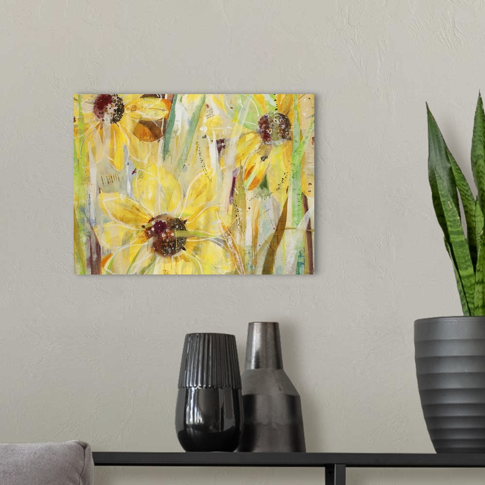 A modern room featuring A contemporary painting of a close view of yellow flowers.