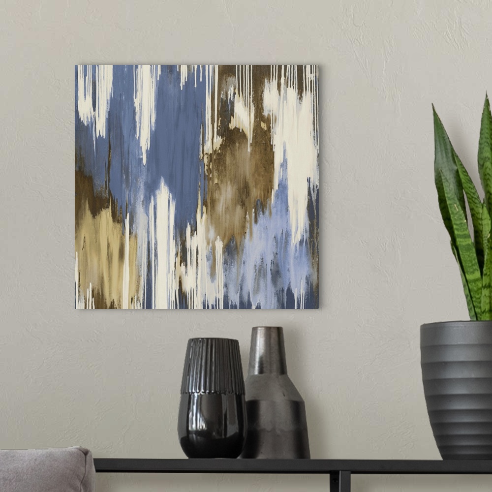 A modern room featuring Abstract artwork with pale colors that drip downward across this large print.