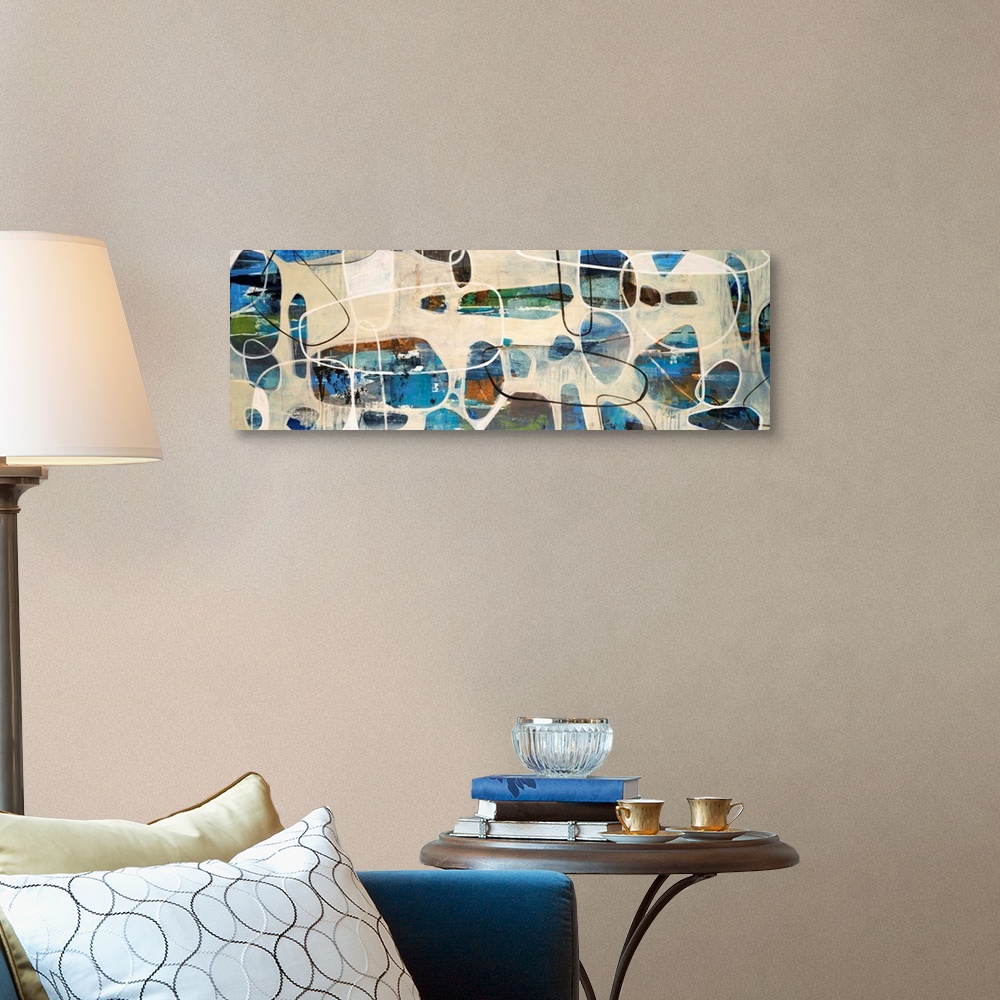 A traditional room featuring Abstract painting of oval, stone like shapes scattered on a panoramic sized art canvas.